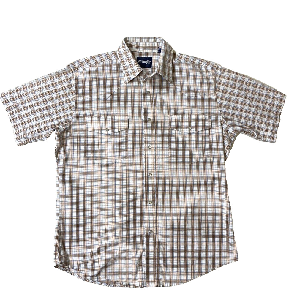 VTG Wrangler Shirt Mens Large Western Short Sleeve Pearl Snap Dagger Collar EUC